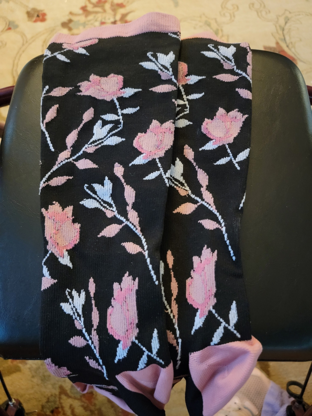 Women's Black Floral Compression Socks Pink Rose Pattern Sz 4XL